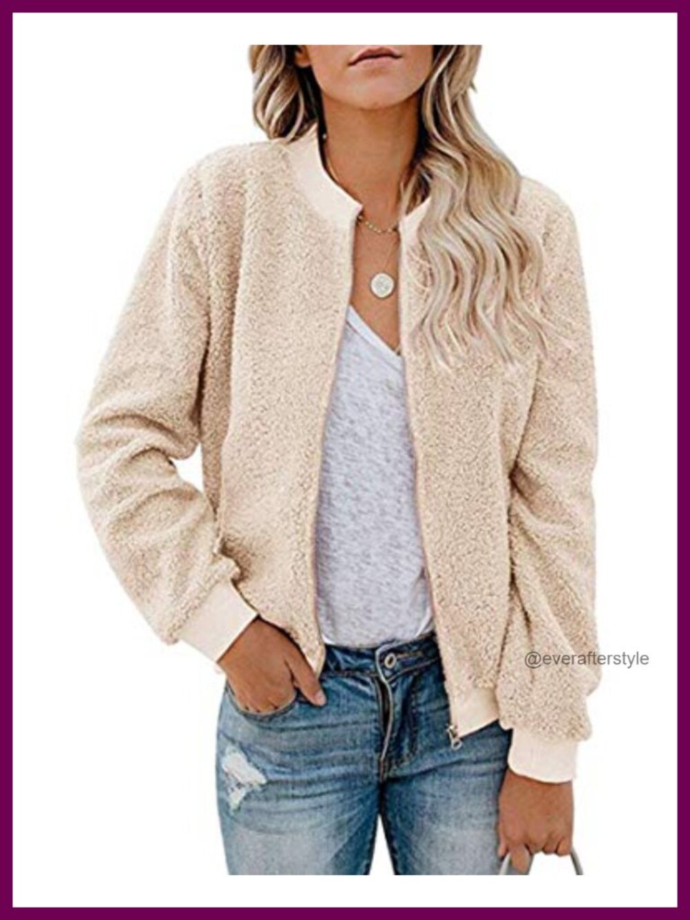 Women's Fleece Bomber Jacket Sherpa Winter Coat Fuzzy Zip Up Loose Fit Casual